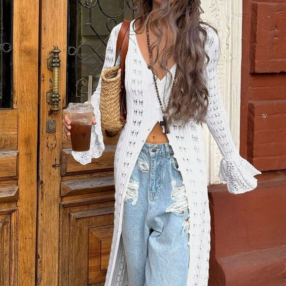 White Casual Women's Sexy V-Neck Long Sleeved Knitted Sun Girl Dress - Picture 7 of 10